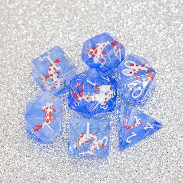 Sage's Familiars- Red Fish in Ocean Familiar Resin Polyhedral Dice Set - Sage's PortalResin Dice Set