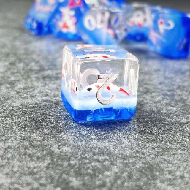 Sage's Familiars- Red Fish in Ocean Familiar Resin Polyhedral Dice Set - Sage's PortalResin Dice Set