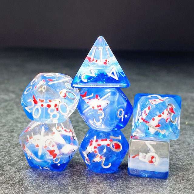 Sage's Familiars- Red Fish in Ocean Familiar Resin Polyhedral Dice Set - Sage's PortalResin Dice Set