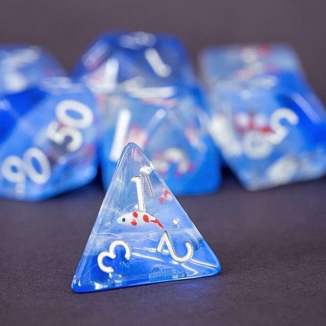 Sage's Familiars- Red Fish in Ocean Familiar Resin Polyhedral Dice Set - Sage's PortalResin Dice Set