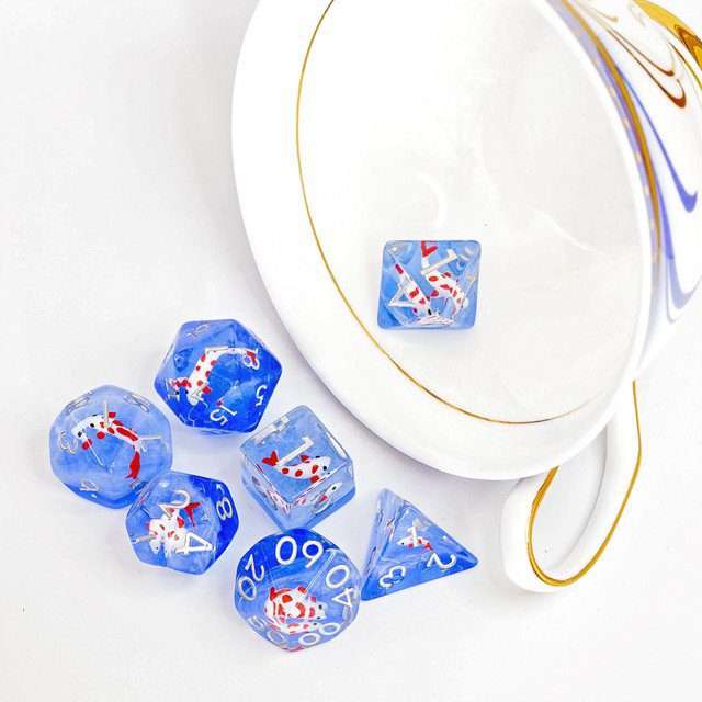 Sage's Familiars- Red Fish in Ocean Familiar Resin Polyhedral Dice Set - Sage's PortalResin Dice Set