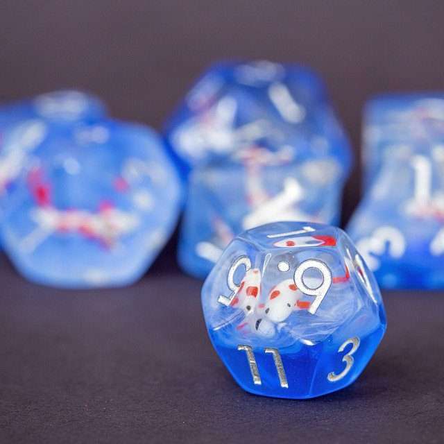 Sage's Familiars- Red Fish in Ocean Familiar Resin Polyhedral Dice Set - Sage's PortalResin Dice Set