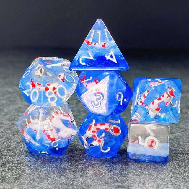 Sage's Familiars- Red Fish in Ocean Familiar Resin Polyhedral Dice Set - Sage's PortalResin Dice Set