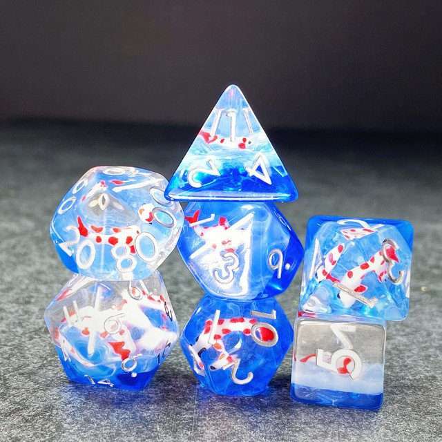 Sage's Familiars- Red Fish in Ocean Familiar Resin Polyhedral Dice Set - Sage's PortalResin Dice Set