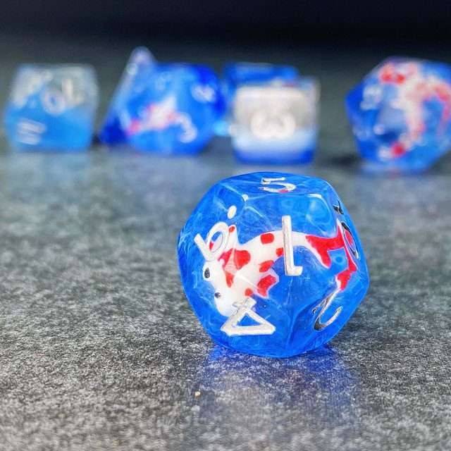Sage's Familiars- Red Fish in Ocean Familiar Resin Polyhedral Dice Set - Sage's PortalResin Dice Set