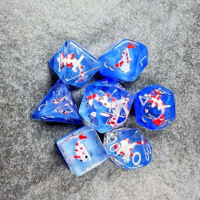 Sage's Familiars- Red Fish in Ocean Familiar Resin Polyhedral Dice Set - Sage's PortalResin Dice Set