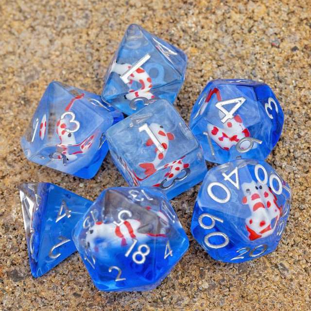Sage's Familiars- Red Fish in Ocean Familiar Resin Polyhedral Dice Set - Sage's PortalResin Dice Set
