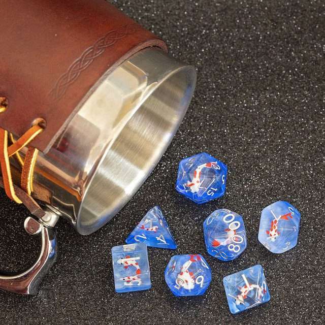 Sage's Familiars- Red Fish in Ocean Familiar Resin Polyhedral Dice Set - Sage's PortalResin Dice Set