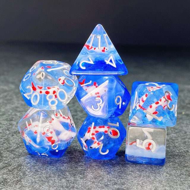 Sage's Familiars- Red Fish in Ocean Familiar Resin Polyhedral Dice Set - Sage's PortalResin Dice Set
