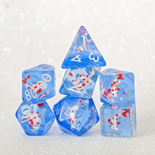 Sage's Familiars- Red Fish in Ocean Familiar Resin Polyhedral Dice Set - Sage's PortalResin Dice Set