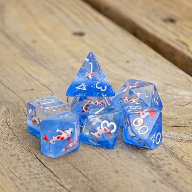 Sage's Familiars- Red Fish in Ocean Familiar Resin Polyhedral Dice Set - Sage's PortalResin Dice Set