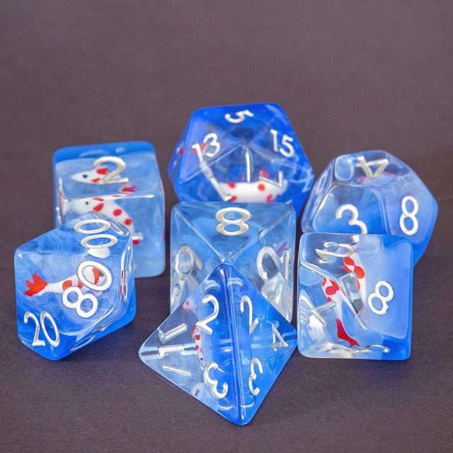 Sage's Familiars- Red Fish in Ocean Familiar Resin Polyhedral Dice Set - Sage's PortalResin Dice Set