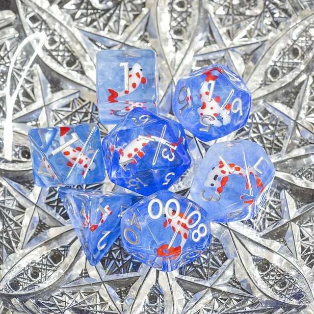 Sage's Familiars- Red Fish in Ocean Familiar Resin Polyhedral Dice Set - Sage's PortalResin Dice Set