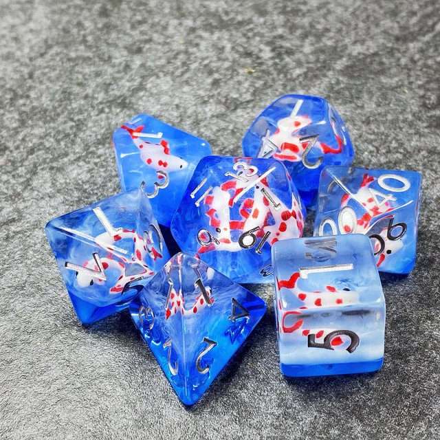 Sage's Familiars- Red Fish in Ocean Familiar Resin Polyhedral Dice Set - Sage's PortalResin Dice Set