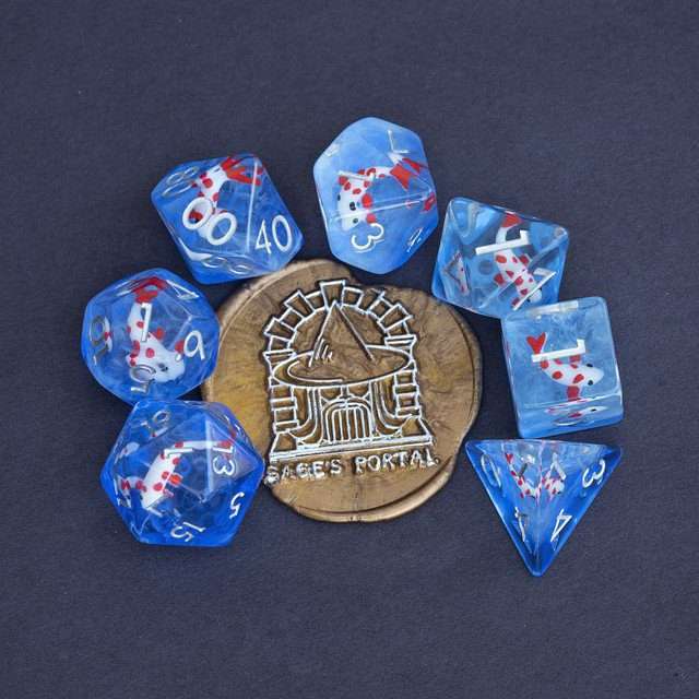 Sage's Familiars- Red Fish in Ocean Familiar Resin Polyhedral Dice Set - Sage's PortalResin Dice Set
