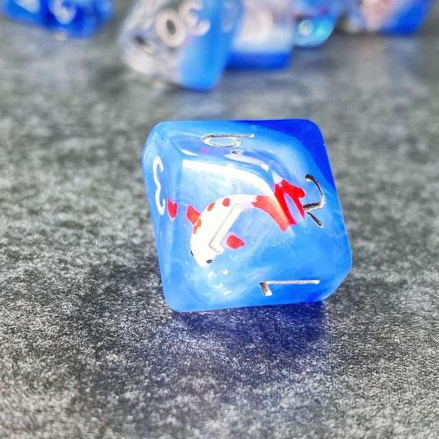 Sage's Familiars- Red Fish in Ocean Familiar Resin Polyhedral Dice Set - Sage's PortalResin Dice Set