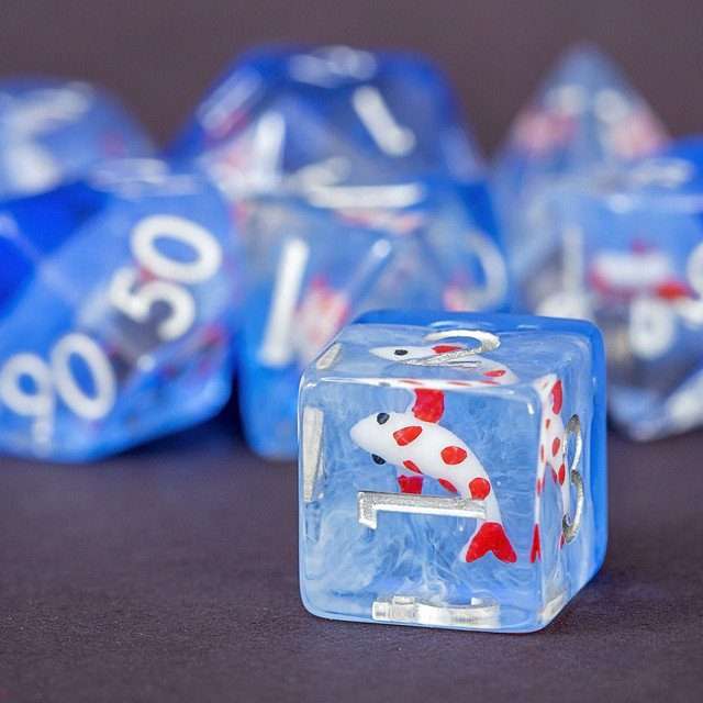 Sage's Familiars- Red Fish in Ocean Familiar Resin Polyhedral Dice Set - Sage's PortalResin Dice Set