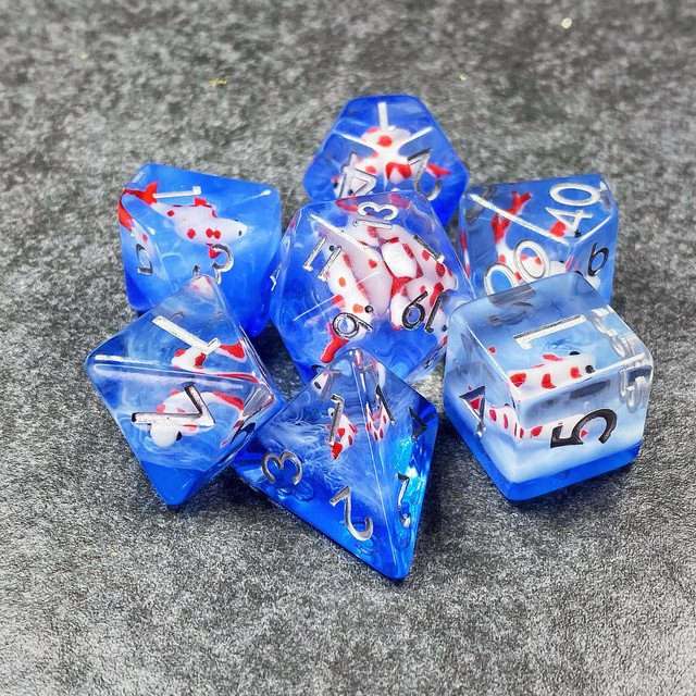 Sage's Familiars- Red Fish in Ocean Familiar Resin Polyhedral Dice Set - Sage's PortalResin Dice Set