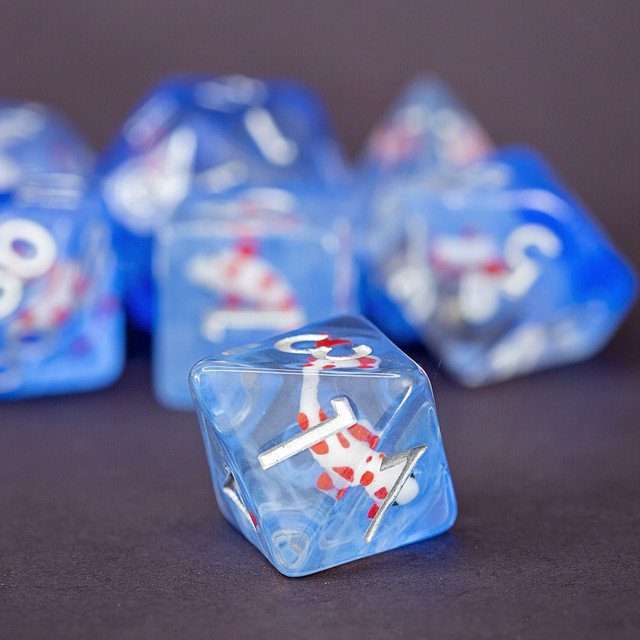 Sage's Familiars- Red Fish in Ocean Familiar Resin Polyhedral Dice Set - Sage's PortalResin Dice Set