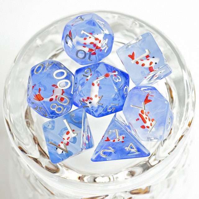 Sage's Familiars- Red Fish in Ocean Familiar Resin Polyhedral Dice Set - Sage's PortalResin Dice Set