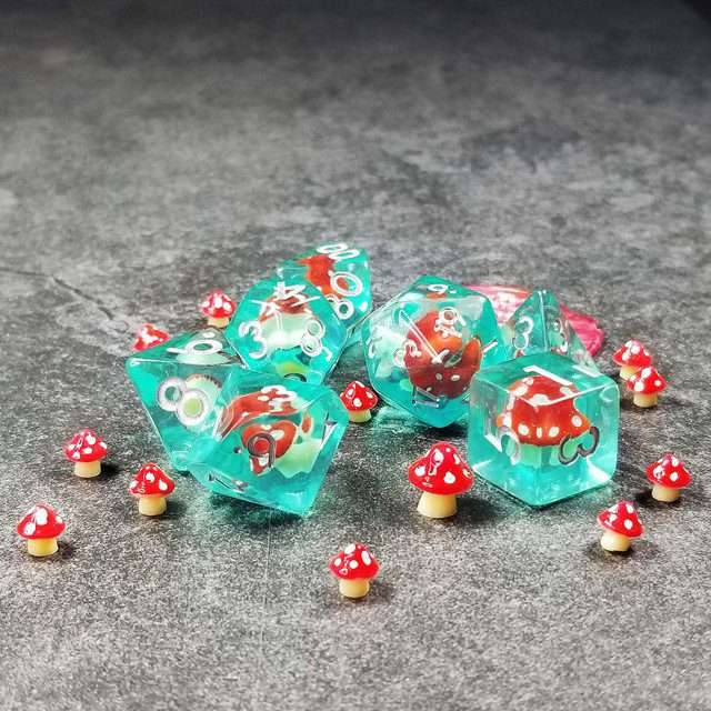 Sage's Familiars - Red Magic Shrooms Resin Polyhedral Dice Set - Sage's PortalResin Dice Set