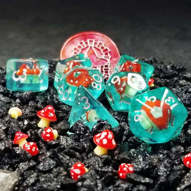 Sage's Familiars - Red Magic Shrooms Resin Polyhedral Dice Set - Sage's PortalResin Dice Set