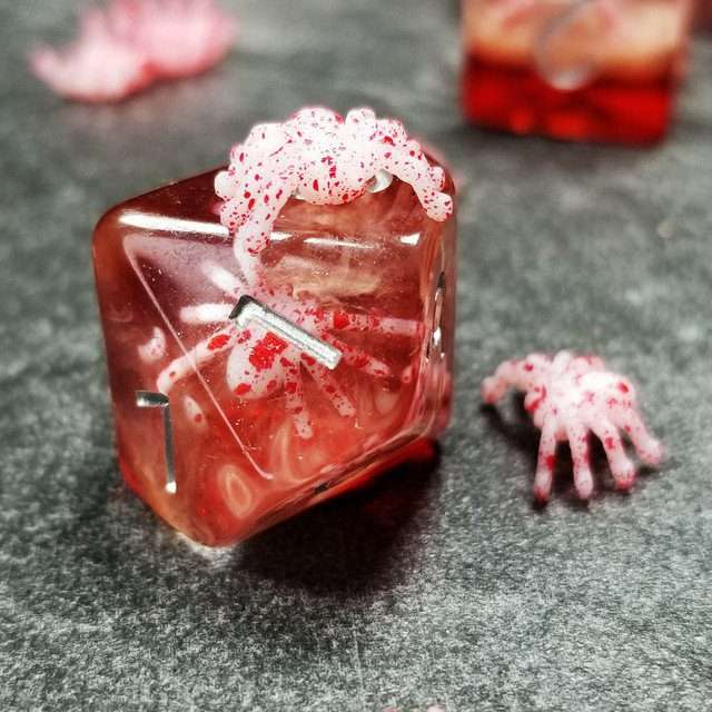 Sage's Familiars - Speckled Albino Spiderling in Red and Silver Ink Resin Polyhedral Dice Set - Sage's PortalResin Dice Set