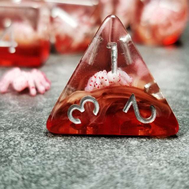 Sage's Familiars - Speckled Albino Spiderling in Red and Silver Ink Resin Polyhedral Dice Set - Sage's PortalResin Dice Set