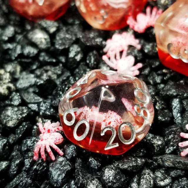 Sage's Familiars - Speckled Albino Spiderling in Red and Silver Ink Resin Polyhedral Dice Set - Sage's PortalResin Dice Set