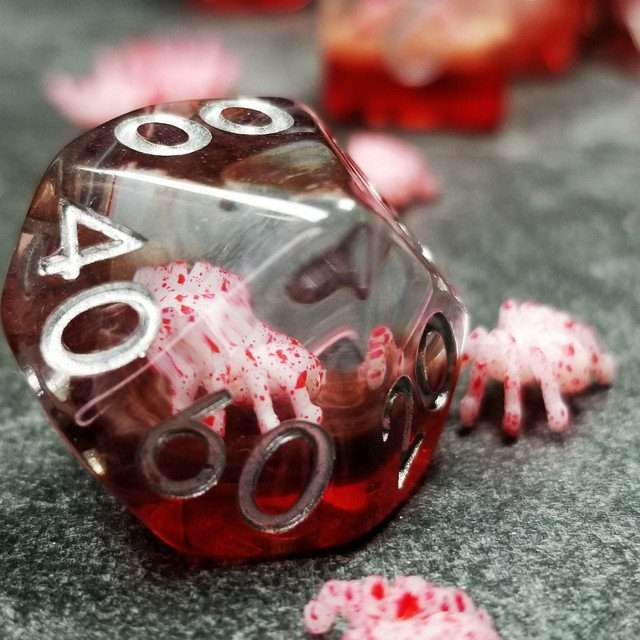 Sage's Familiars - Speckled Albino Spiderling in Red and Silver Ink Resin Polyhedral Dice Set - Sage's PortalResin Dice Set