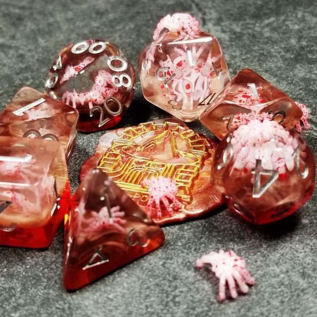 Sage's Familiars - Speckled Albino Spiderling in Red and Silver Ink Resin Polyhedral Dice Set - Sage's PortalResin Dice Set