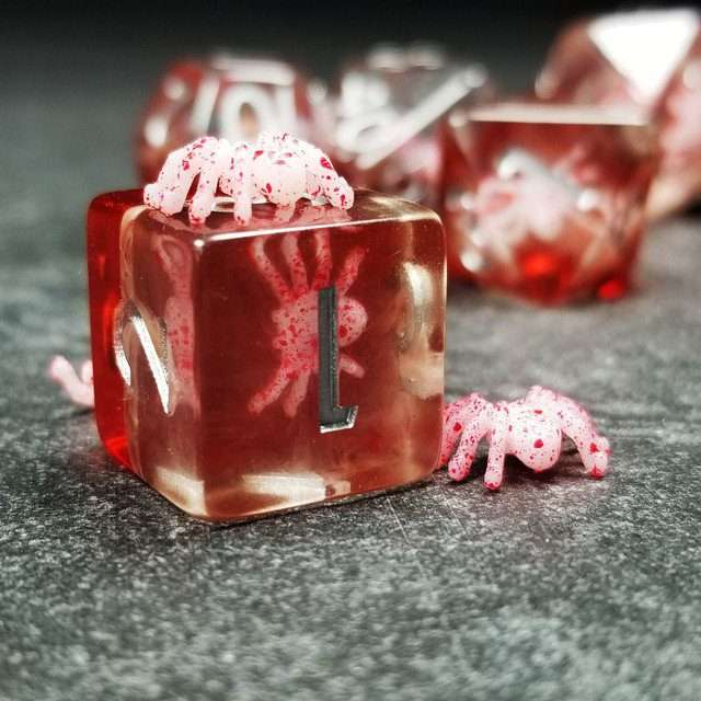 Sage's Familiars - Speckled Albino Spiderling in Red and Silver Ink Resin Polyhedral Dice Set - Sage's PortalResin Dice Set