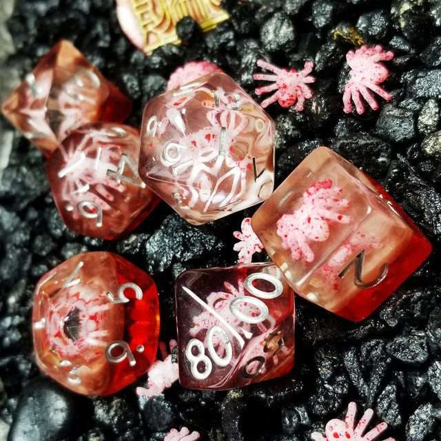 Sage's Familiars - Speckled Albino Spiderling in Red and Silver Ink Resin Polyhedral Dice Set - Sage's PortalResin Dice Set