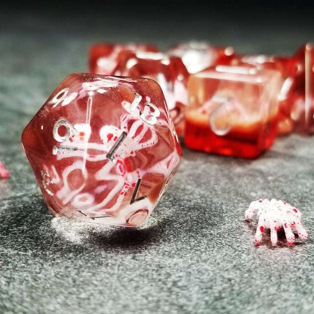 Sage's Familiars - Speckled Albino Spiderling in Red and Silver Ink Resin Polyhedral Dice Set - Sage's PortalResin Dice Set