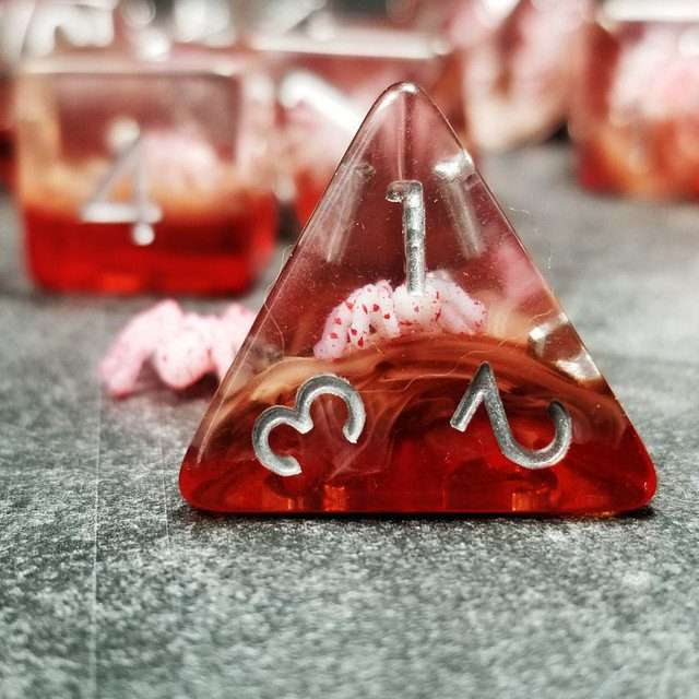 Sage's Familiars - Speckled Albino Spiderling in Red and Silver Ink Resin Polyhedral Dice Set - Sage's PortalResin Dice Set