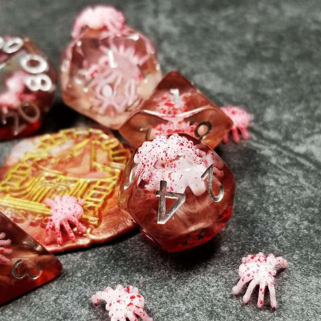 Sage's Familiars - Speckled Albino Spiderling in Red and Silver Ink Resin Polyhedral Dice Set - Sage's PortalResin Dice Set