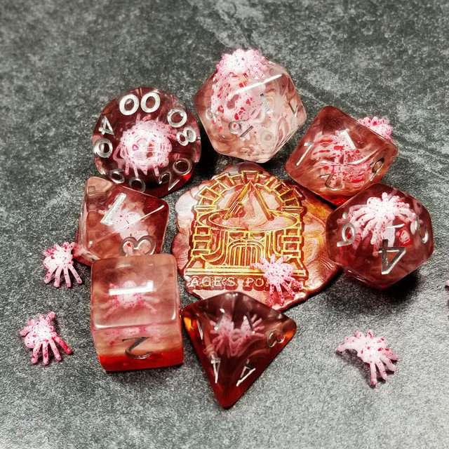 Sage's Familiars - Speckled Albino Spiderling in Red and Silver Ink Resin Polyhedral Dice Set - Sage's PortalResin Dice Set