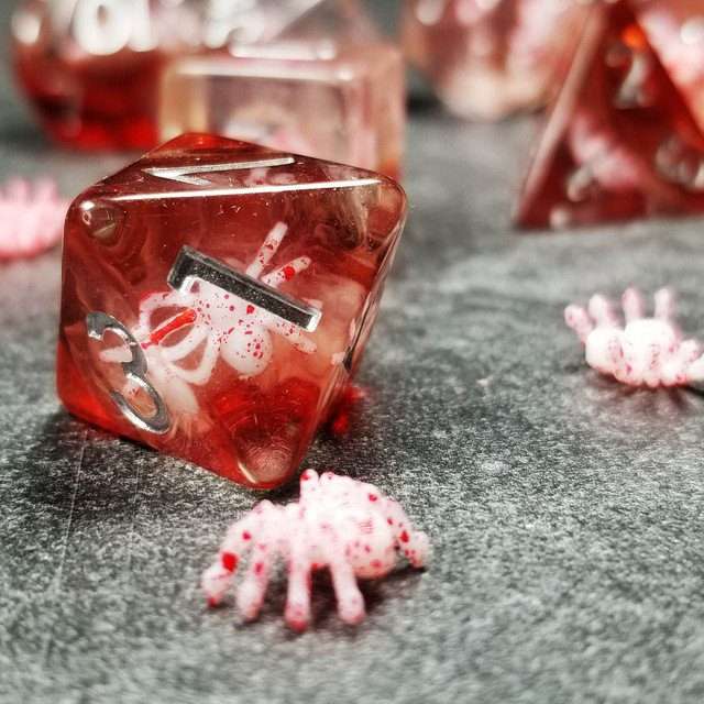 Sage's Familiars - Speckled Albino Spiderling in Red and Silver Ink Resin Polyhedral Dice Set - Sage's PortalResin Dice Set