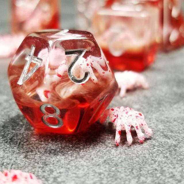 Sage's Familiars - Speckled Albino Spiderling in Red and Silver Ink Resin Polyhedral Dice Set - Sage's PortalResin Dice Set