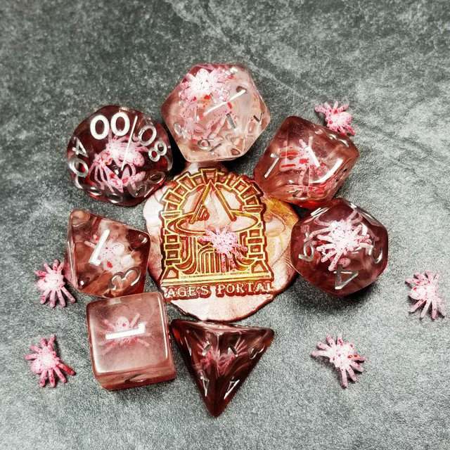 Sage's Familiars - Speckled Albino Spiderling in Red and Silver Ink Resin Polyhedral Dice Set - Sage's PortalResin Dice Set