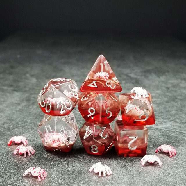 Sage's Familiars - Speckled Albino Spiderling in Red and Silver Ink Resin Polyhedral Dice Set - Sage's PortalResin Dice Set