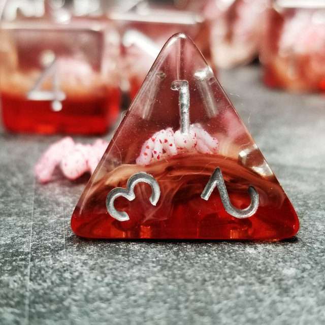 Sage's Familiars - Speckled Albino Spiderling in Red and Silver Ink Resin Polyhedral Dice Set - Sage's PortalResin Dice Set