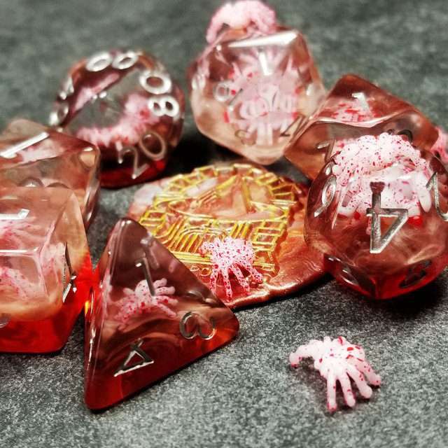 Sage's Familiars - Speckled Albino Spiderling in Red and Silver Ink Resin Polyhedral Dice Set - Sage's PortalResin Dice Set