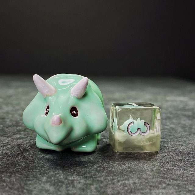Sage's Familiars - Teal Baby Triceratops Resin Polyhedral Dice Set + Optional Matching Figurine - Sage's PortalResin Dice + Figurine Set