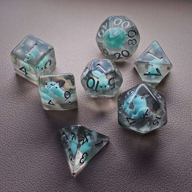 Sage's Familiars - Teal Baby Triceratops Resin Polyhedral Dice Set + Optional Matching Figurine - Sage's PortalResin Dice + Figurine Set