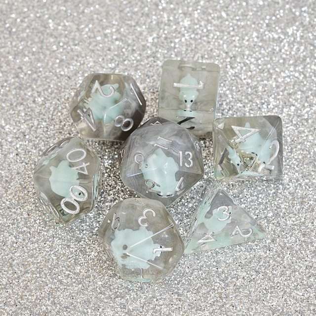 Sage's Familiars - Teal Baby Triceratops Resin Polyhedral Dice Set + Optional Matching Figurine - Sage's PortalResin Dice + Figurine Set
