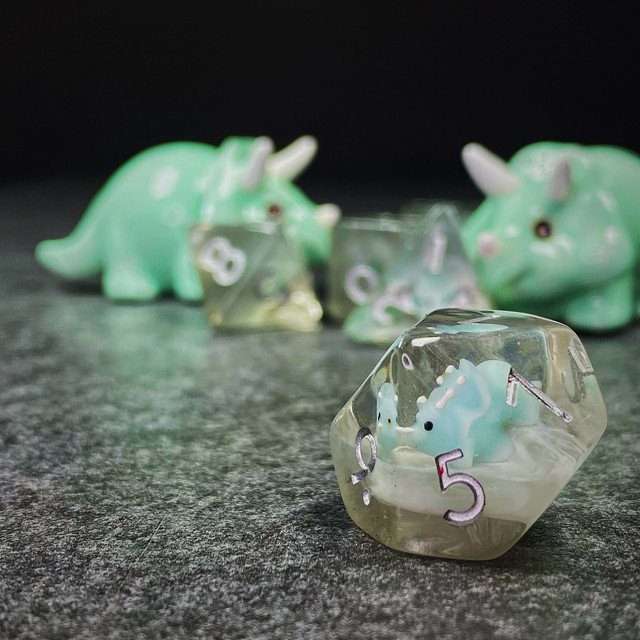 Sage's Familiars - Teal Baby Triceratops Resin Polyhedral Dice Set + Optional Matching Figurine - Sage's PortalResin Dice + Figurine Set