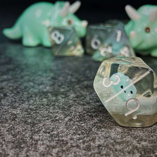 Sage's Familiars - Teal Baby Triceratops Resin Polyhedral Dice Set + Optional Matching Figurine - Sage's PortalResin Dice + Figurine Set