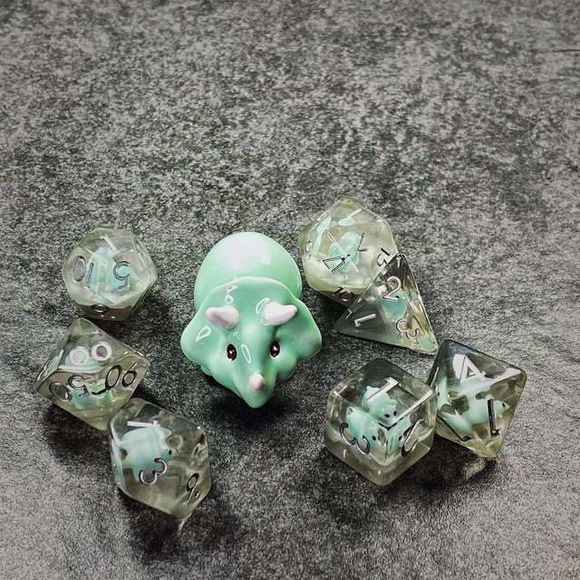 Sage's Familiars - Teal Baby Triceratops Resin Polyhedral Dice Set + Optional Matching Figurine - Sage's PortalResin Dice + Figurine Set