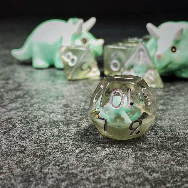 Sage's Familiars - Teal Baby Triceratops Resin Polyhedral Dice Set + Optional Matching Figurine - Sage's PortalResin Dice + Figurine Set